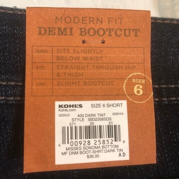 SONOMA NWT 6 Short Modern Fit Demi Bootcut Dark Wash Denim Blue Jeans Straight - Picture 8 of 11